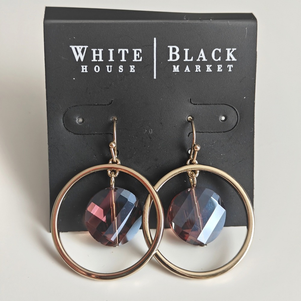 White House Black Market Gold Tone Purple Faceted Crystal Hoop Drop Earrings